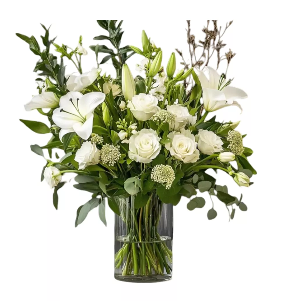 Charming Whites Lilies and Roses Flower Bouquet