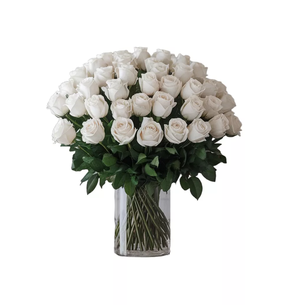 Graceful White Roses Bouquet with Stylish Vase