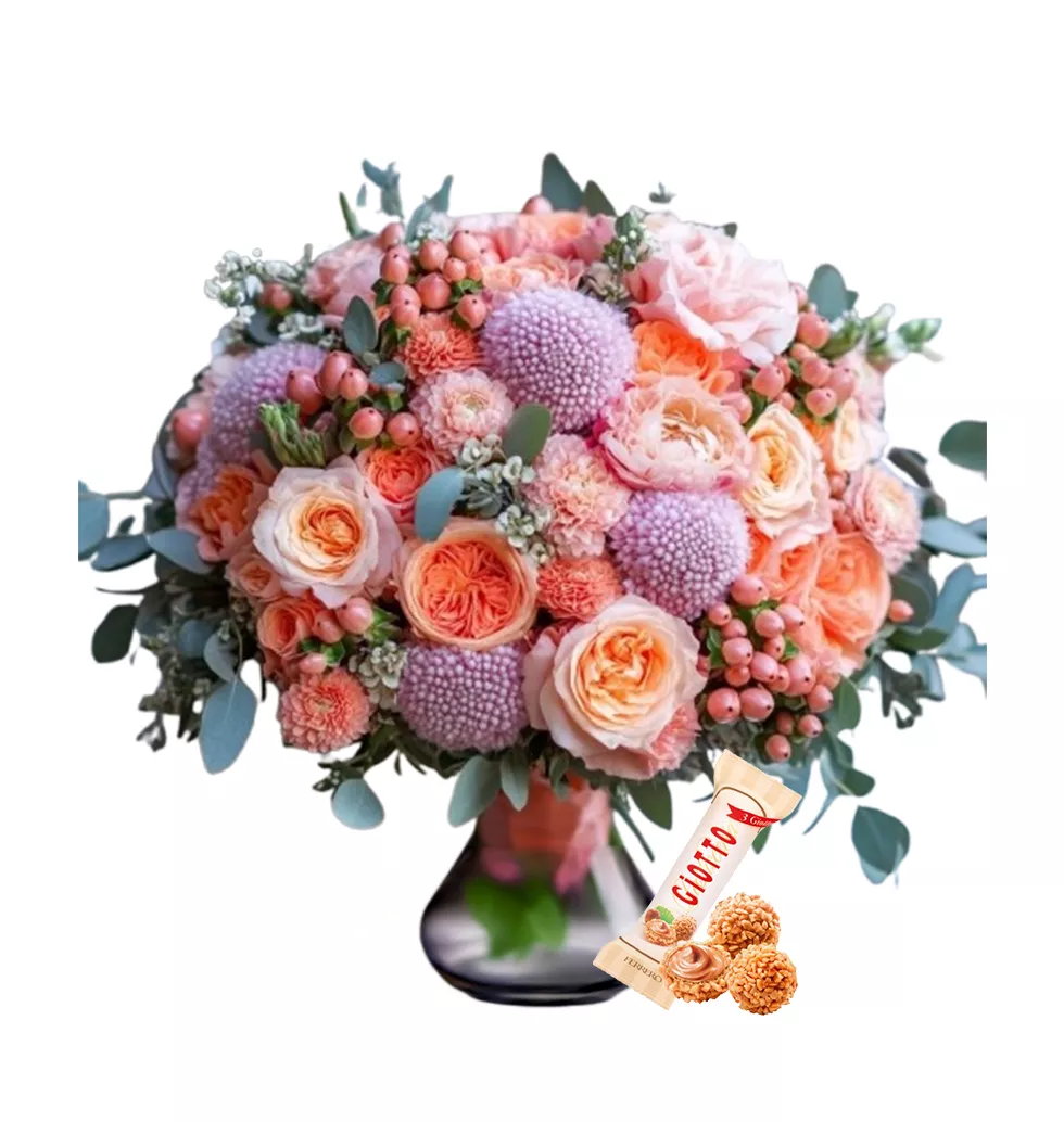 Salmon-Pink Flower Arrangement & Chocolate